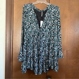 Free People Macys Purchase NWT Relaxed Fit Deep V Neck Dress  Green-Blue Floral